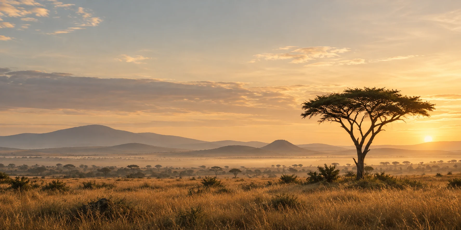 A broad umbrella-shaped acacia tree in an African savannah at first light