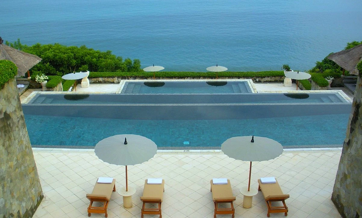 The three-tier swimming pool at Amankila overlooking the sea in Bali
